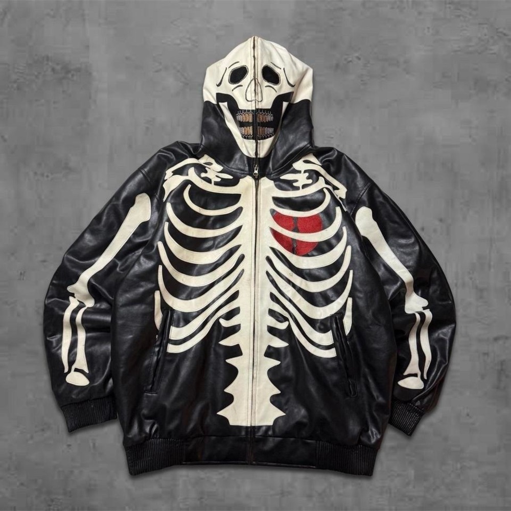 Y2k 90s Vintage Skater Grunge Oversized Skeleton Leather Zip Up Jacket
